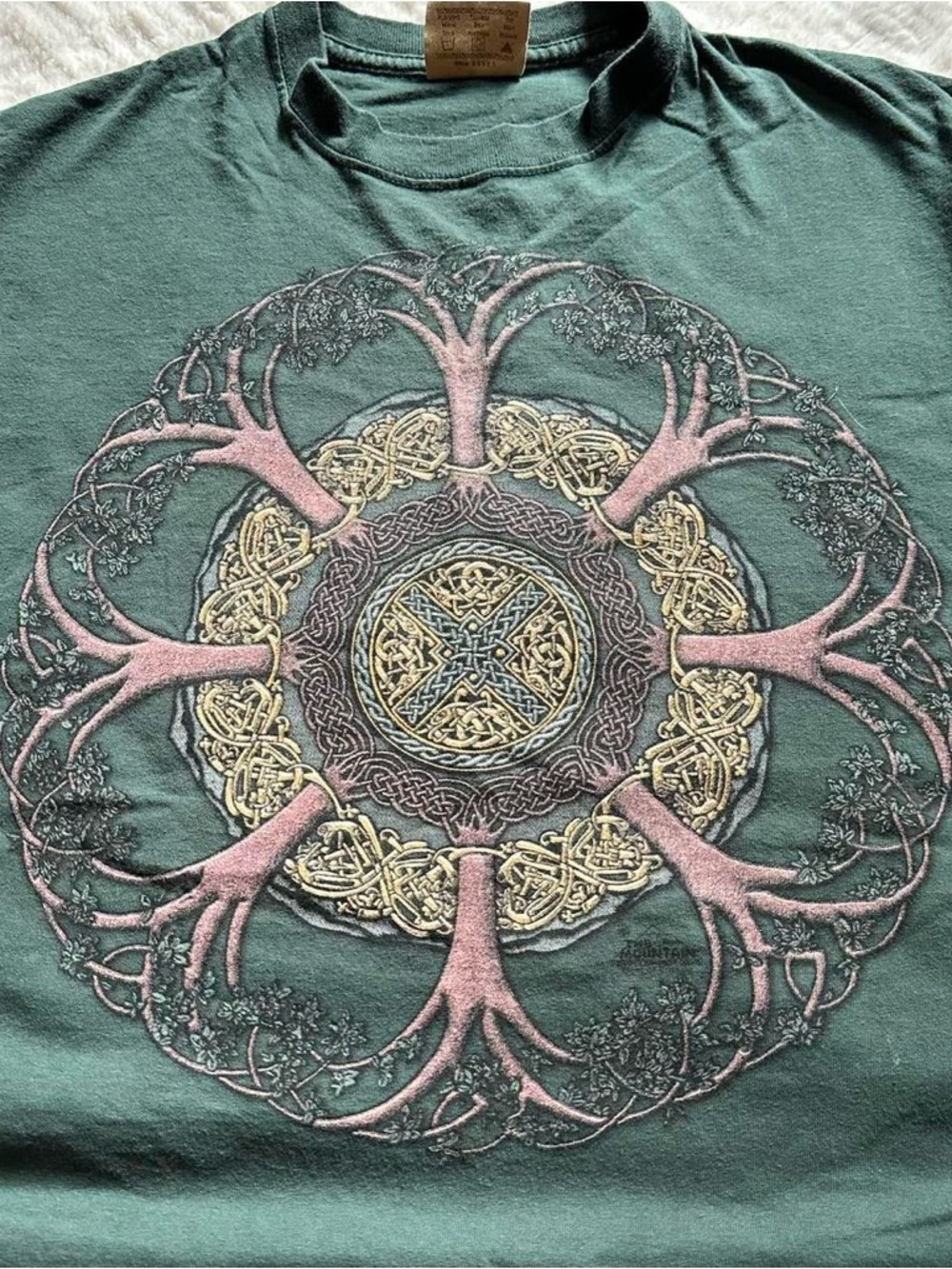 Vintage 90s Men's Dark Green Graphic T-Shirt with Celtic Tree Mandala XL - Picture 2 of 5
